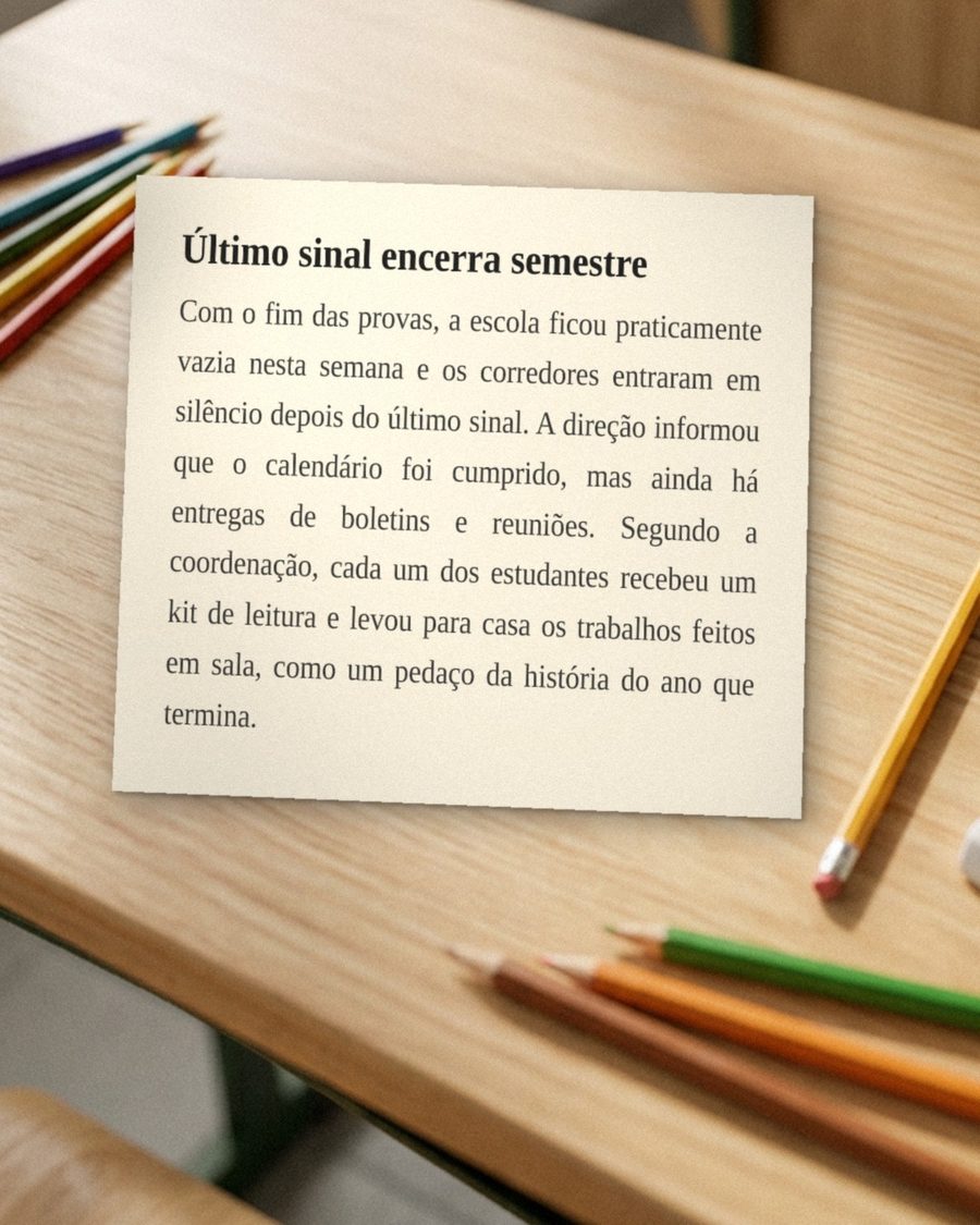 Foto da página de jornal com a notícia Último sinal encerra semestre sobre uma carteira escolar, ainda sem pintura