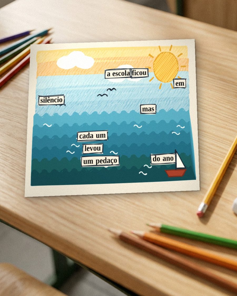Foto da mesma página depois da poesia blackout, pintada com mar azul, sol amarelo e um barquinho, mostrando só as palavras do poema