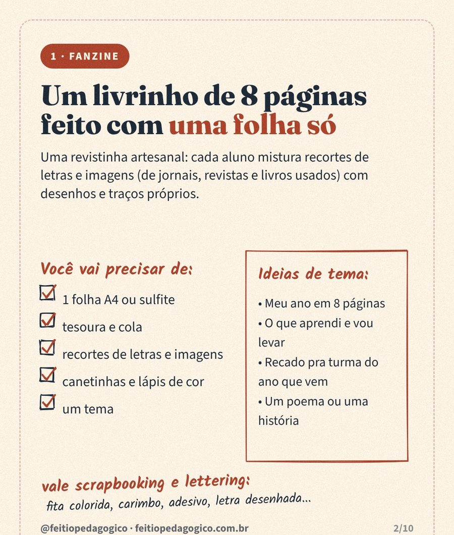 Lista de materiais do fanzine: uma folha A4 ou sulfite, tesoura e cola, recortes de letras e imagens, canetinhas e lápis de cor e um tema; ideias de tema como Meu ano em 8 páginas, O que aprendi e vou levar, Recado para a turma do ano que vem, Um poema ou uma história