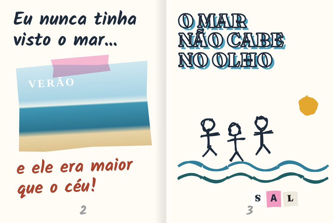 Páginas internas do fanzine Mar: à esquerda, Eu nunca tinha visto o mar e ele era maior que o céu, com uma foto de praia colada com fita; à direita, O mar não cabe no olho, com três bonecos de palito diante das ondas